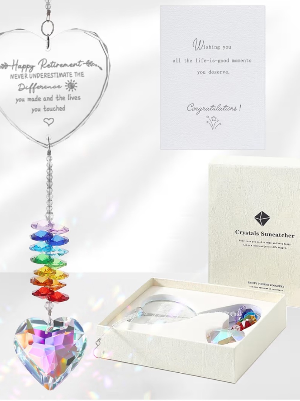 NIB Retirement Gift Crystal Heart Rainbow Suncatcher Prism Multicolor Hanging